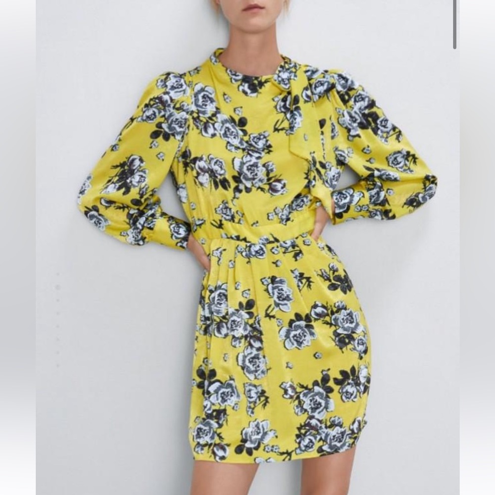 NWT Zara Floral Yellow Dress with Bow